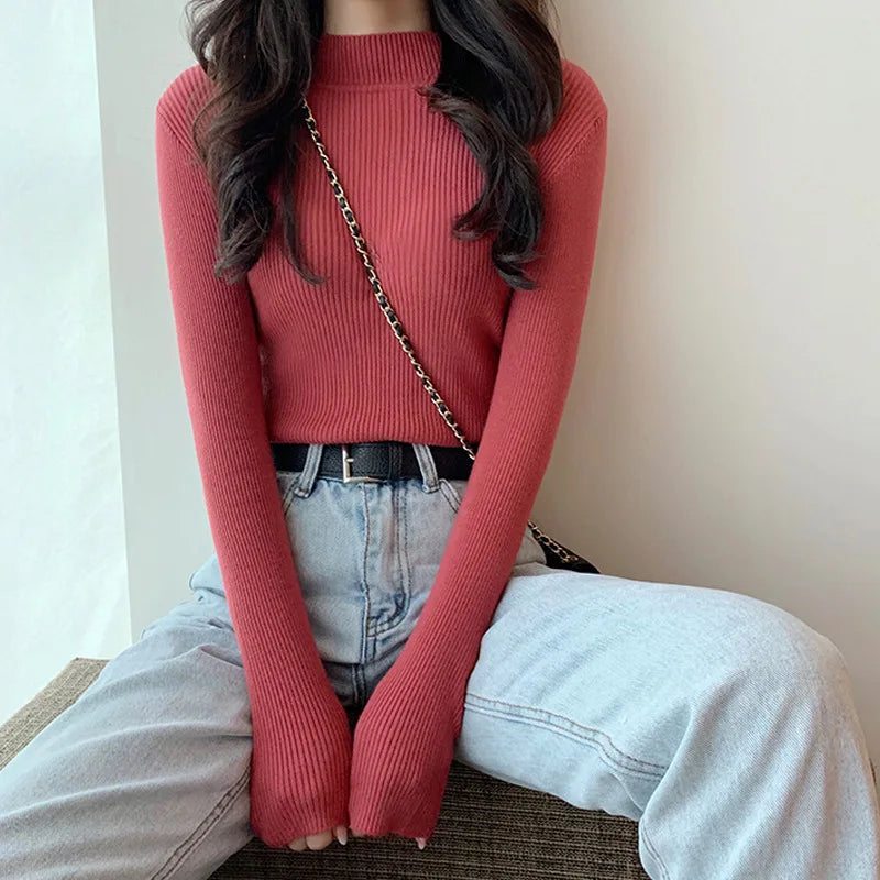 Women's Clothing 2024 new Autumn Winter Pullovers Half High Long Sleeve Mid Neck Inner Fit Korean Underlay Knit Sweaters Jumpers