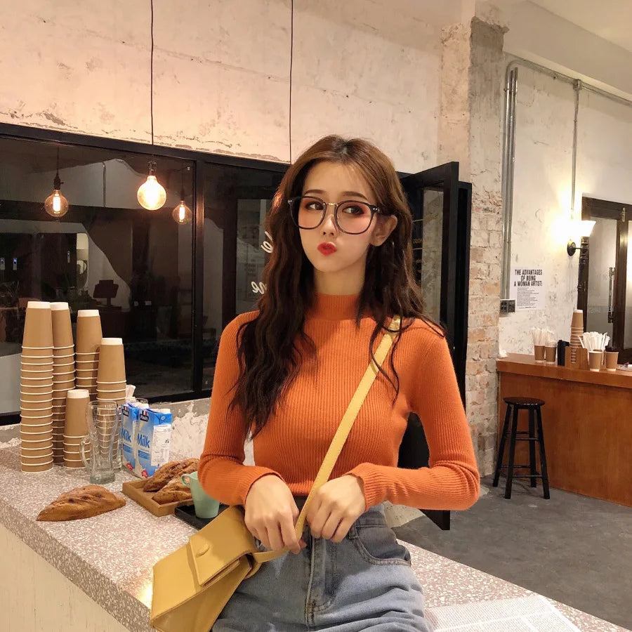 Women's Clothing 2024 new Autumn Winter Pullovers Half High Long Sleeve Mid Neck Inner Fit Korean Underlay Knit Sweaters Jumpers