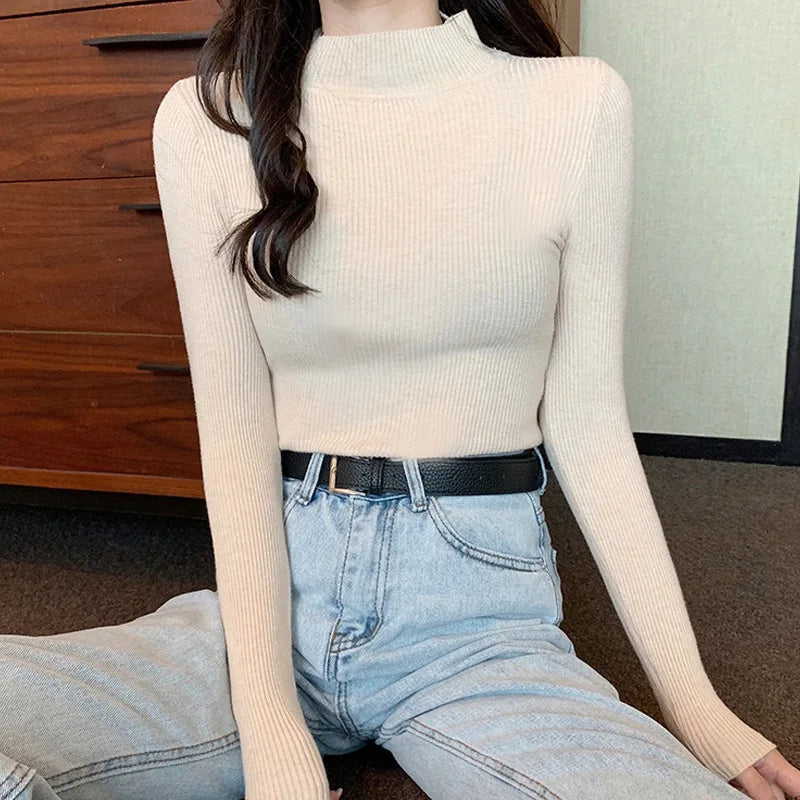 Women's Clothing 2024 new Autumn Winter Pullovers Half High Long Sleeve Mid Neck Inner Fit Korean Underlay Knit Sweaters Jumpers