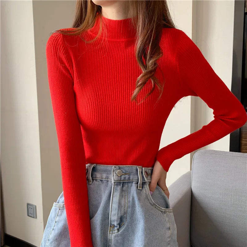 Women's Clothing 2024 new Autumn Winter Pullovers Half High Long Sleeve Mid Neck Inner Fit Korean Underlay Knit Sweaters Jumpers