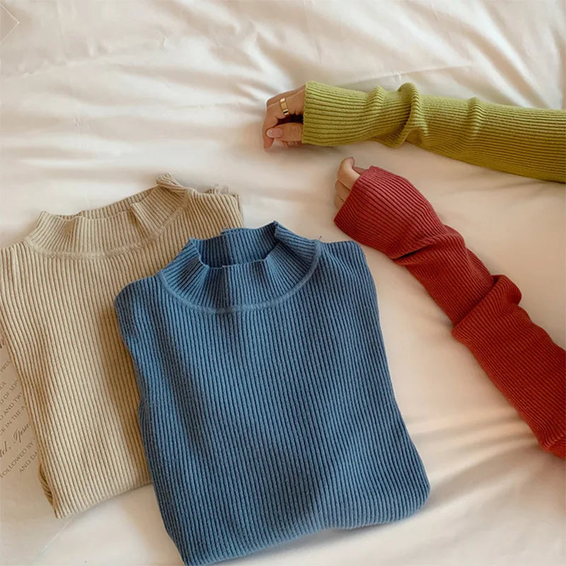 Women's Clothing 2024 new Autumn Winter Pullovers Half High Long Sleeve Mid Neck Inner Fit Korean Underlay Knit Sweaters Jumpers