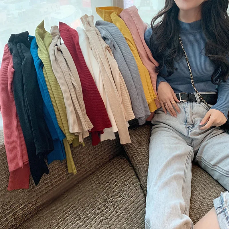 Women's Clothing 2024 new Autumn Winter Pullovers Half High Long Sleeve Mid Neck Inner Fit Korean Underlay Knit Sweaters Jumpers