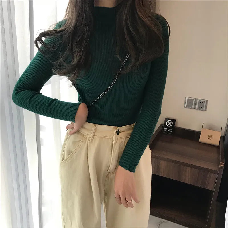 Women's Clothing 2024 new Autumn Winter Pullovers Half High Long Sleeve Mid Neck Inner Fit Korean Underlay Knit Sweaters Jumpers