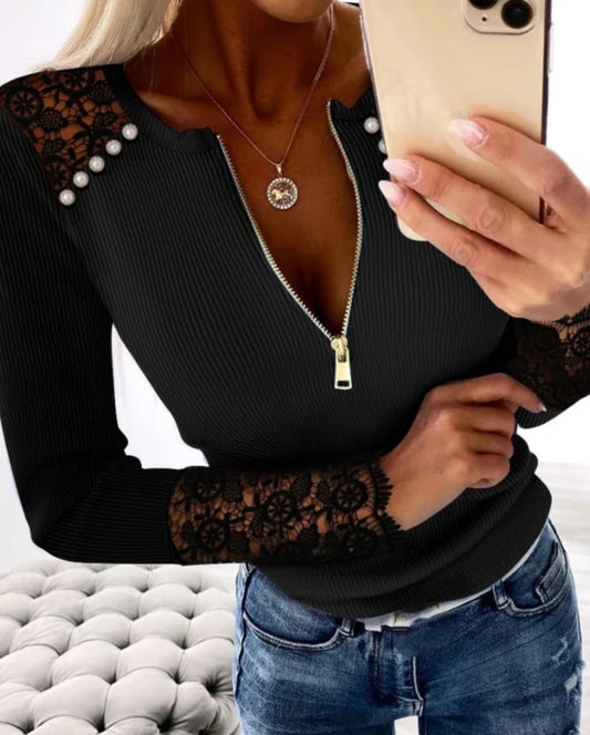lace & beaded zip front knitted top
