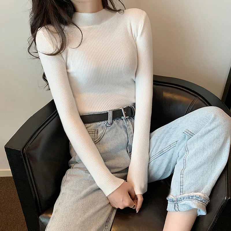 Women's Clothing 2024 new Autumn Winter Pullovers Half High Long Sleeve Mid Neck Inner Fit Korean Underlay Knit Sweaters Jumpers