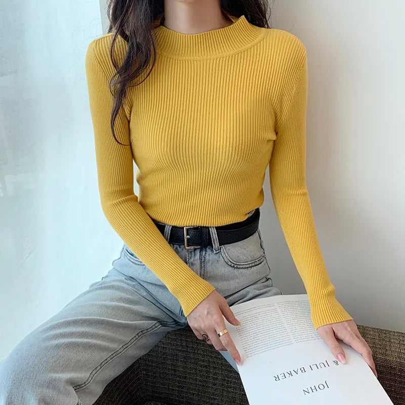 Women's Clothing 2024 new Autumn Winter Pullovers Half High Long Sleeve Mid Neck Inner Fit Korean Underlay Knit Sweaters Jumpers