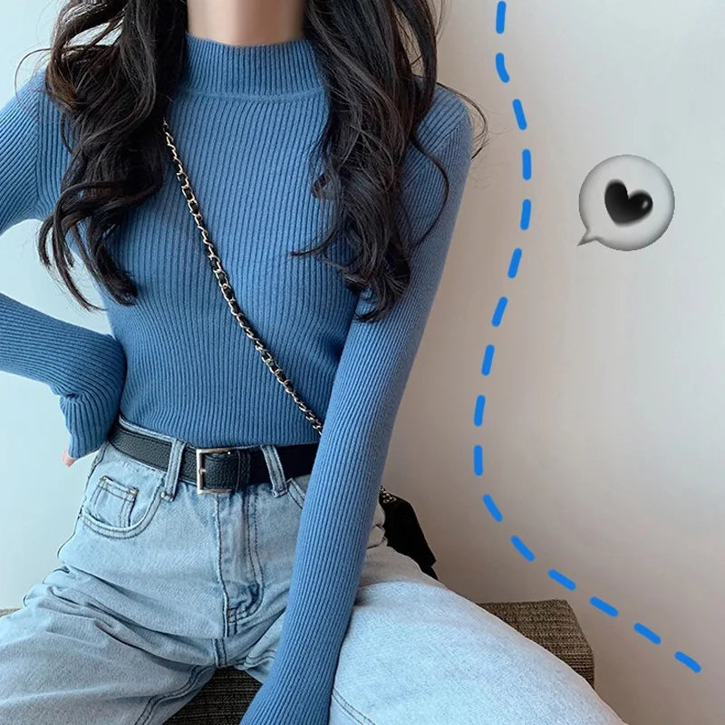 Women's Clothing 2024 new Autumn Winter Pullovers Half High Long Sleeve Mid Neck Inner Fit Korean Underlay Knit Sweaters Jumpers