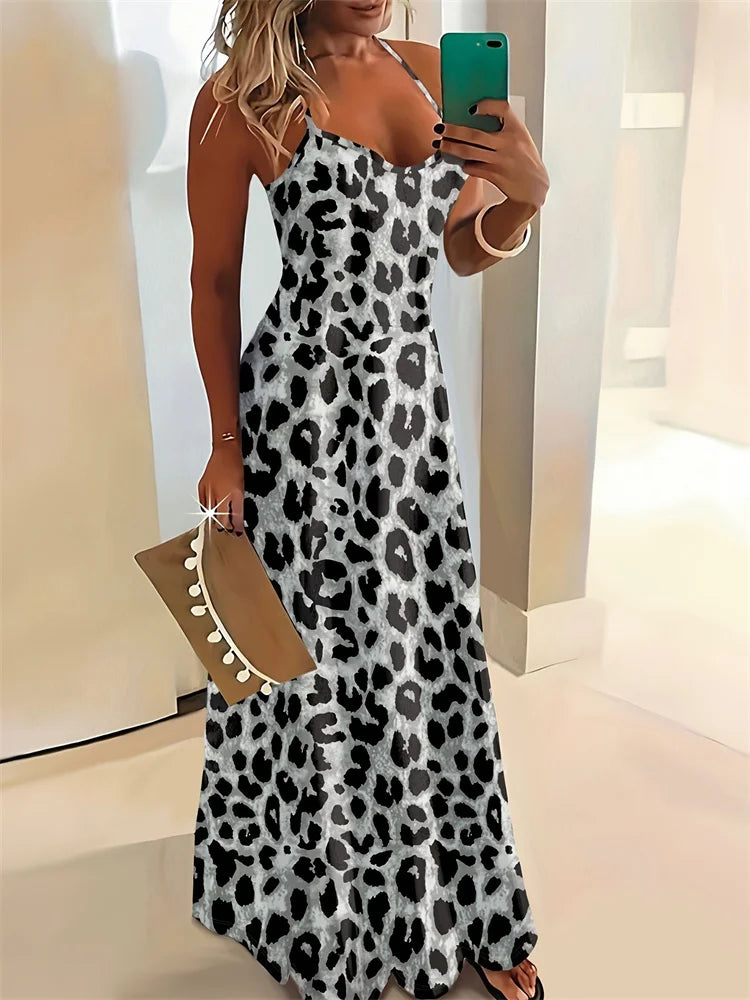 2024 Everyday Casual Women's Dress Animal Fur Print Halter Dress Urban Street Ladies Elegant Dress Holiday Party Elegant Dress