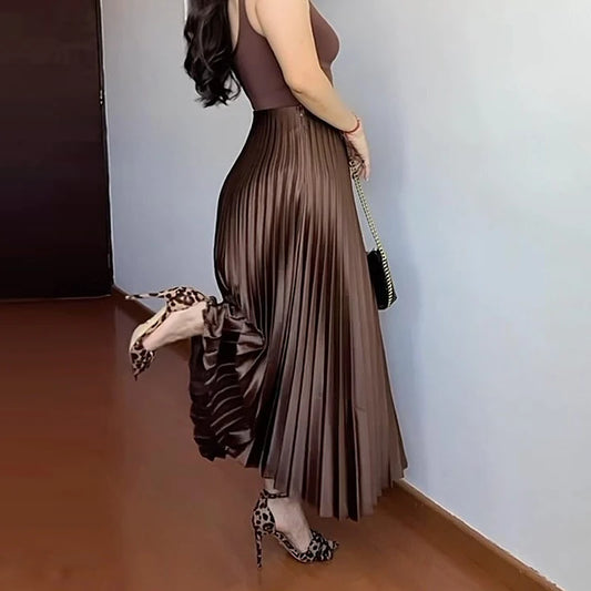 HXAO Women's Pleated Skirt Summer Brown Ruffle Skirt Cylinder Pleats Mid Waist Midi Skirt Fashion Elegant Women Long Skirt 2025